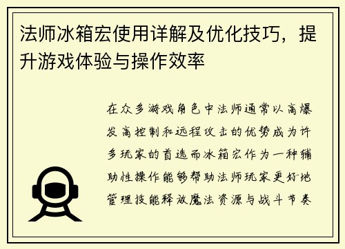 法师冰箱宏使用详解及优化技巧，提升游戏体验与操作效率